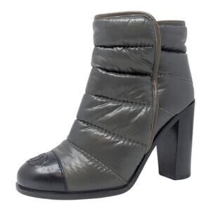 Chanel CC Logo Puffer Quilted Ankle Boots Booties Gray Black Neutral Winter 37